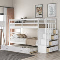 White Wood Twin Over Twin Bunk Bed with Trundle and Staircase Q725189