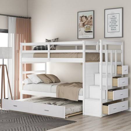 White Wood Twin Over Twin Bunk Bed with Trundle and Staircase Q725189