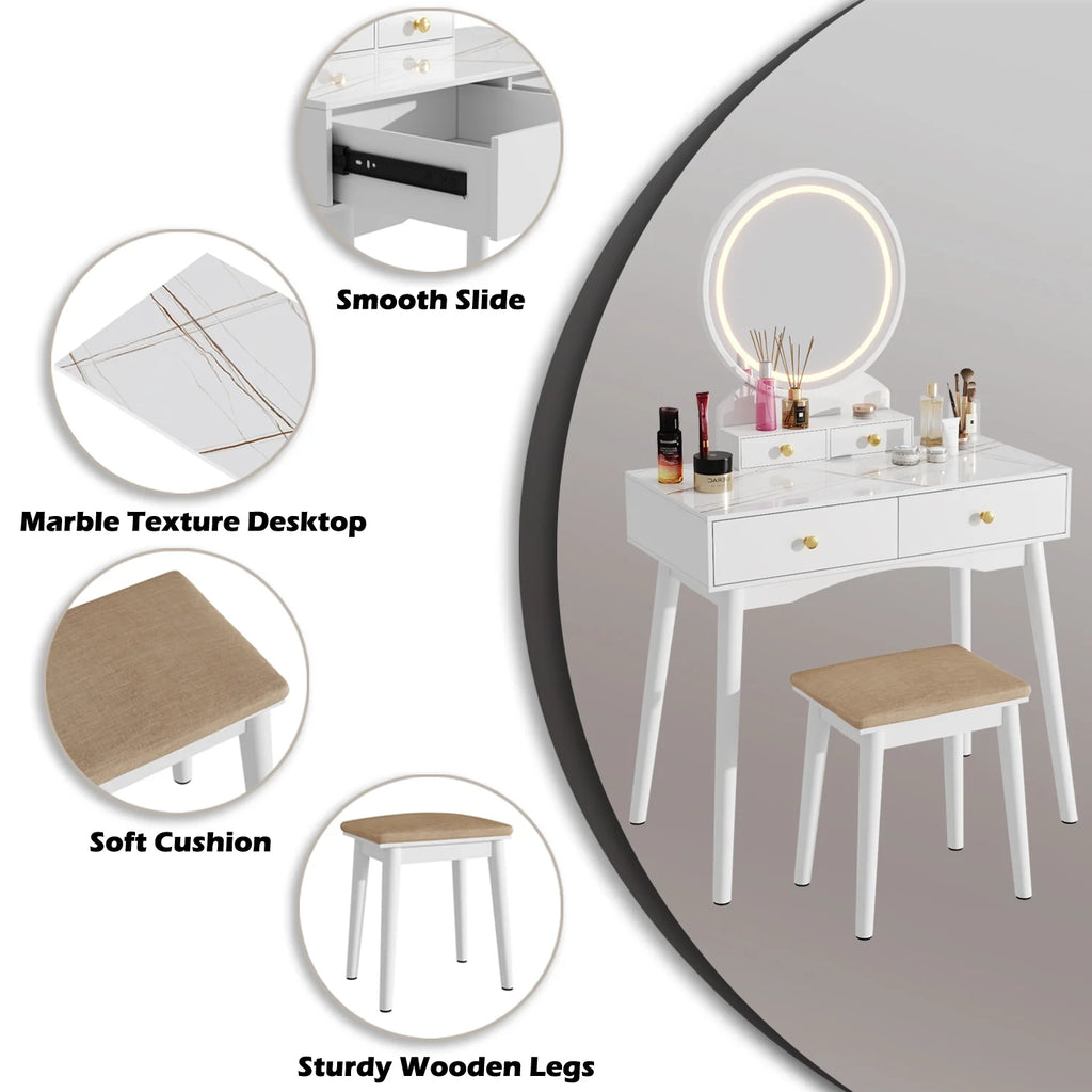 White Vanity Table with Lighted Mirror, Stool and 4 Drawers T4159