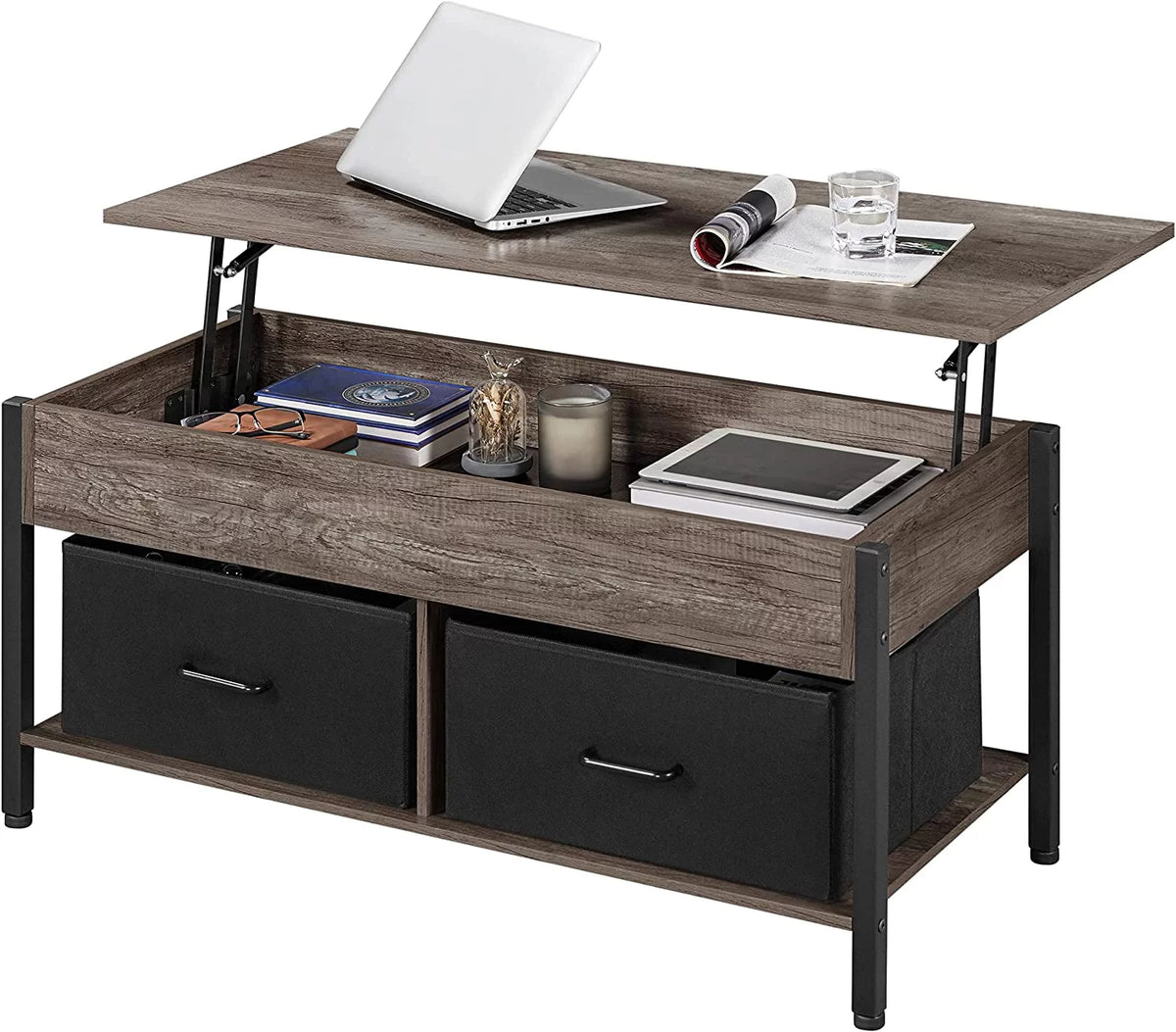 41 Inch Lift Top Coffee Table with Hidden Storage and 2 Fabric Baskets Q4144