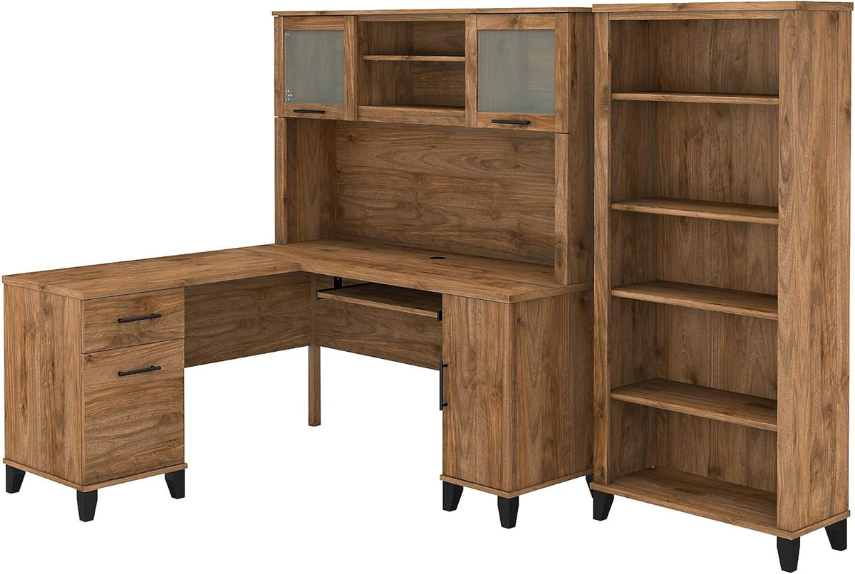 L Shaped Desk with Hutch and 5 Shelf Bookcase S6983