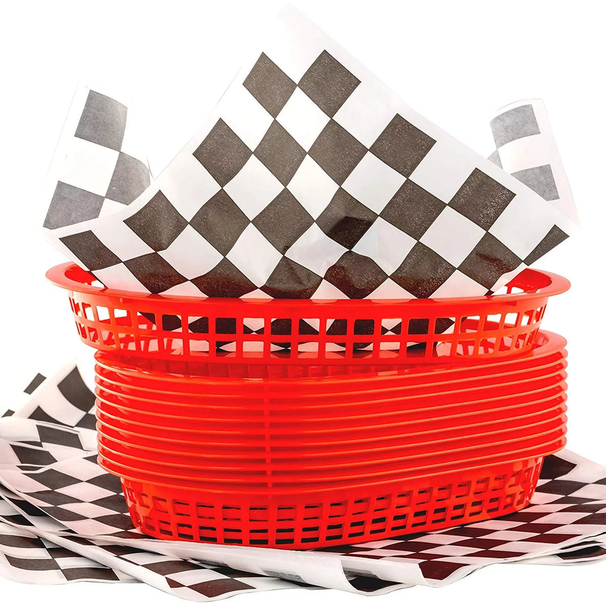Red Fast Food Basket 12-Ct with Black Checkered Deli Paper 120-Ct Q127