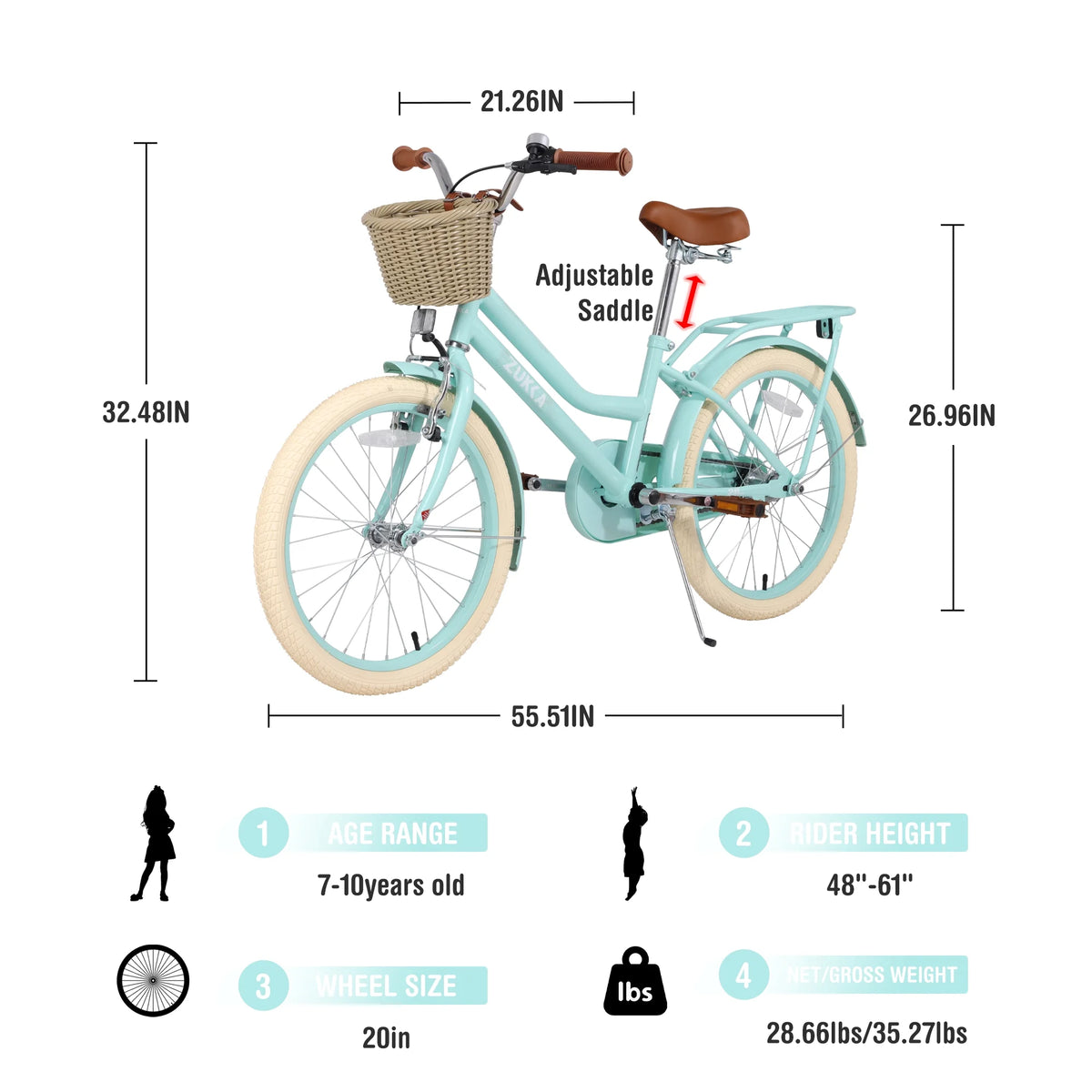 White 20 Kids Bike with Basket and Coaster Brake U9848