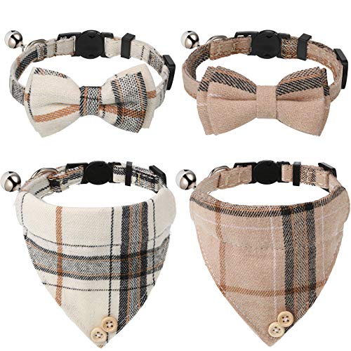 4 Pieces Breakaway Cat Collar Bandana with Plaid Scarf and Bowtie Bell F918535