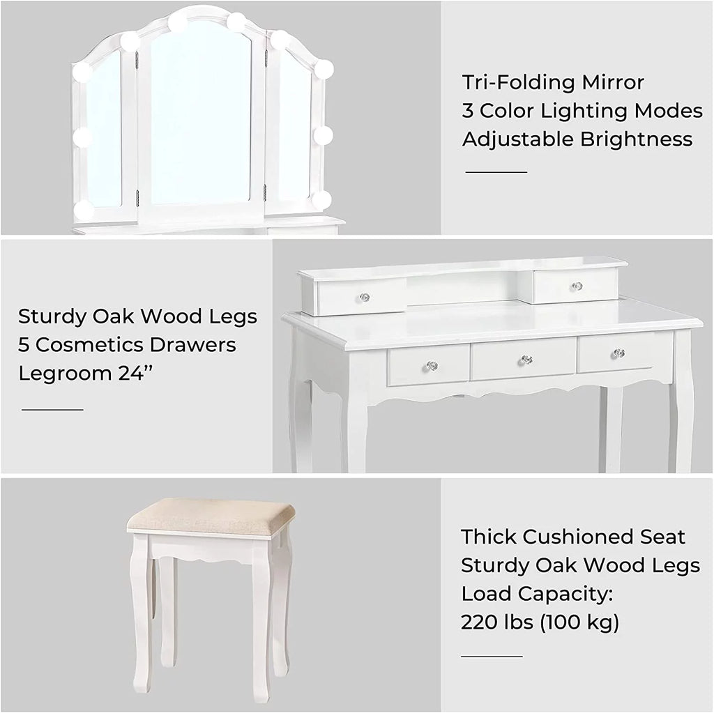 White Vanity Table Set with Lighted Tri-Fold Mirror and Stool U822512