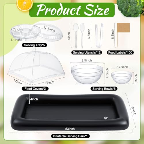 128 Pcs Inflatable Cooler with 2 Serving Bars, Food Cover, Salad Bowl, Utensils, Appetizer Tray, 100 Labels T2760