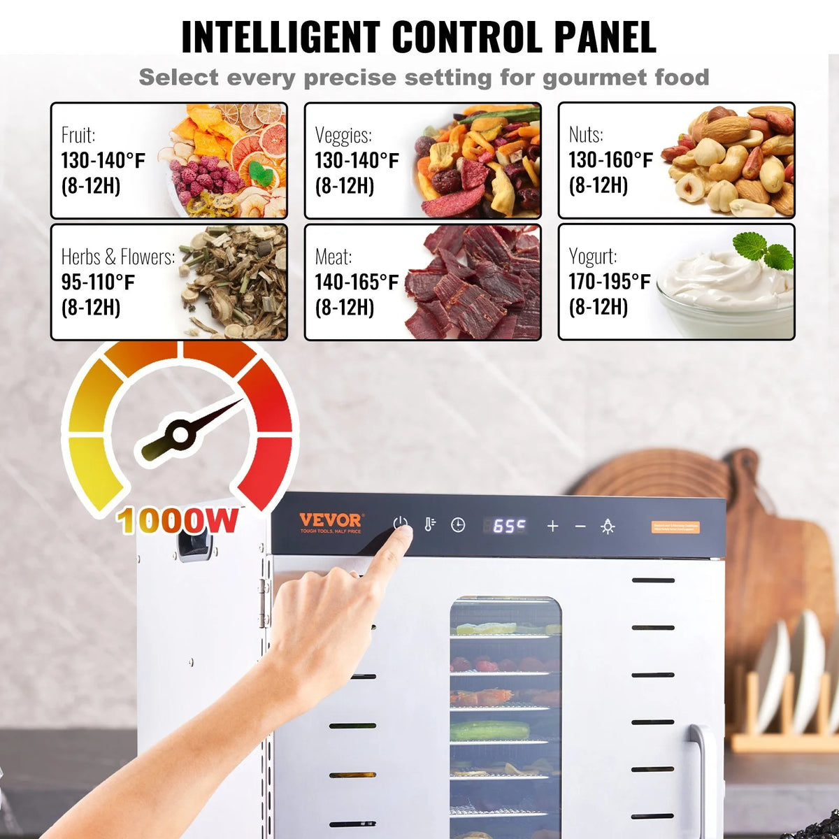 Food Dehydrator Machine, 10 Stainless Steel Trays, 1000W Electric Food Dryer R193323