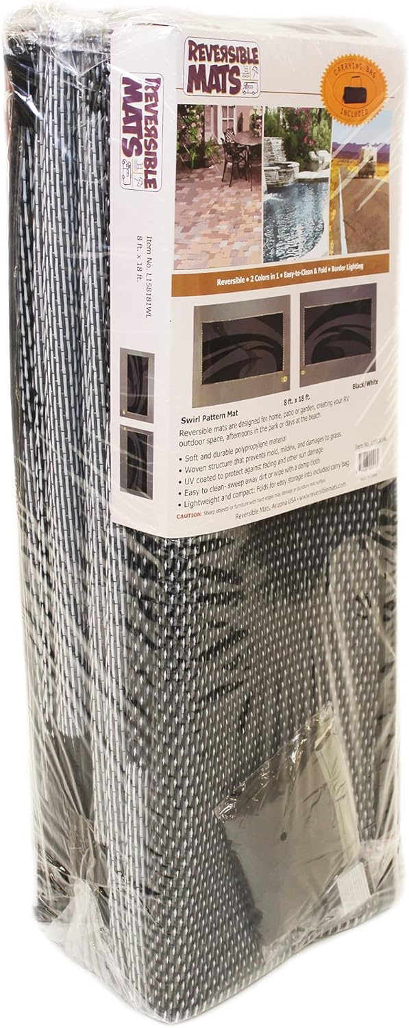LED Illuminated Patio Mat 8-Feet x 18-Feet Black/White/Grey RV Camping Mat P354868
