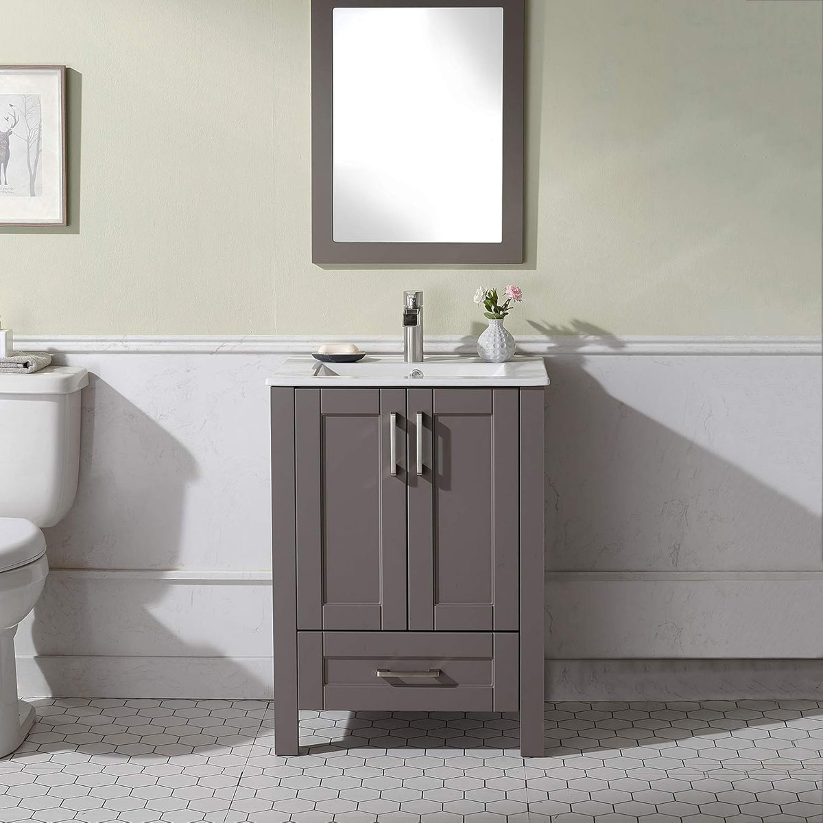 24 Inch Grey Wood Bathroom Vanity with Ceramic Sink F727