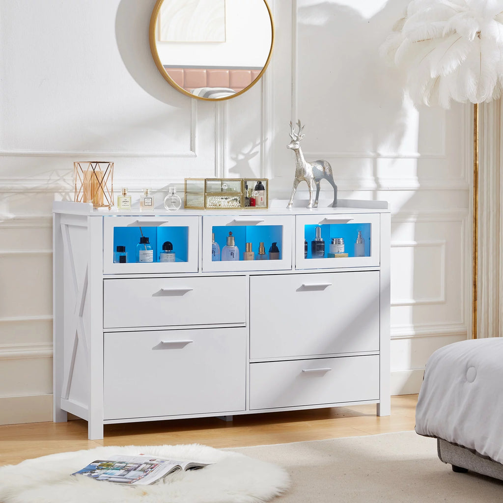 3-Piece Bedroom Set with 7 Drawers LED Dresser and 2 Nightstands, White I6316