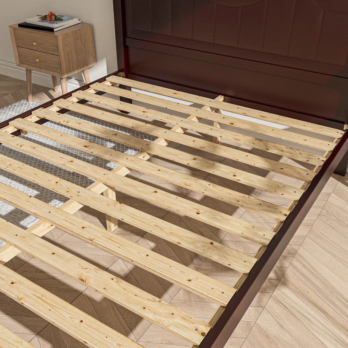 Queen Dark Brown Wood Platform Bed with Headboard O173