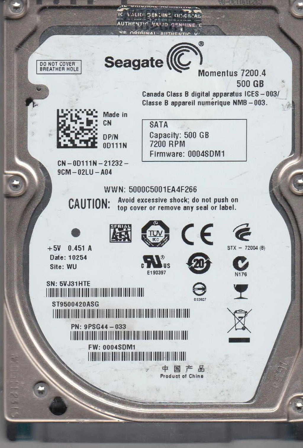 500GB SATA 2.5 Hard Drive D9661