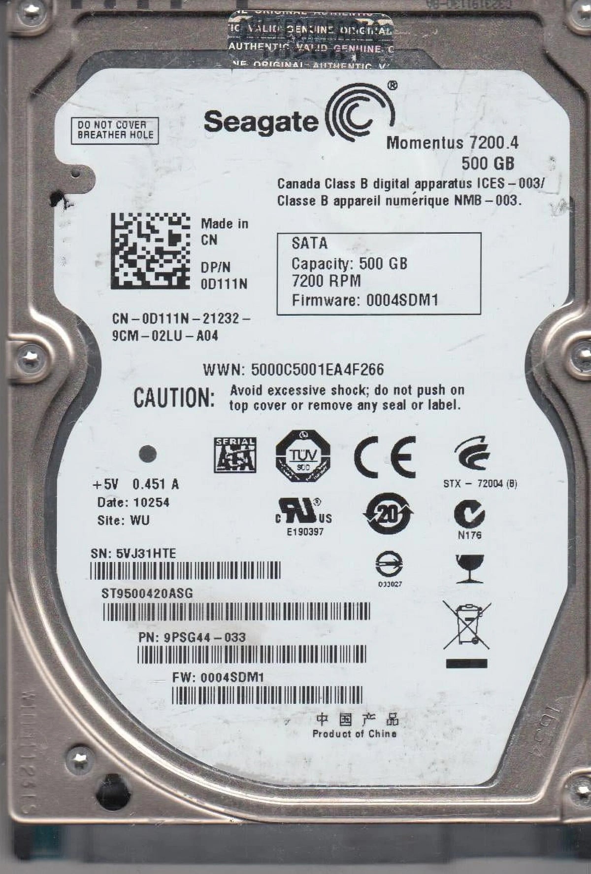 500GB SATA 2.5 Hard Drive D9661