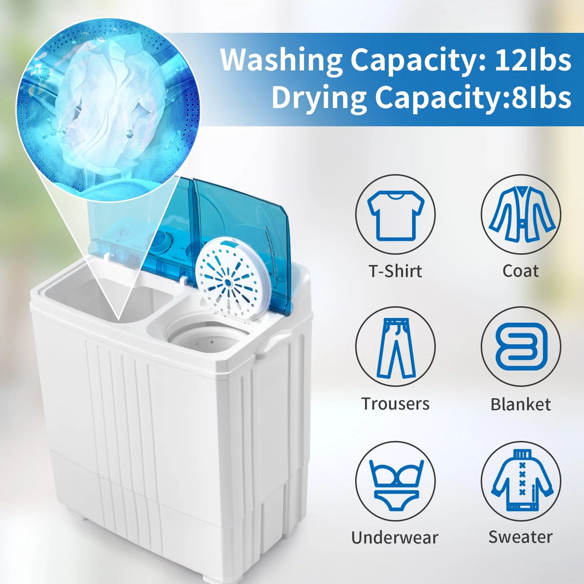 Portable Twin Tub Mini Clothes Washing Machine with Drain Pump, Grey Q7828