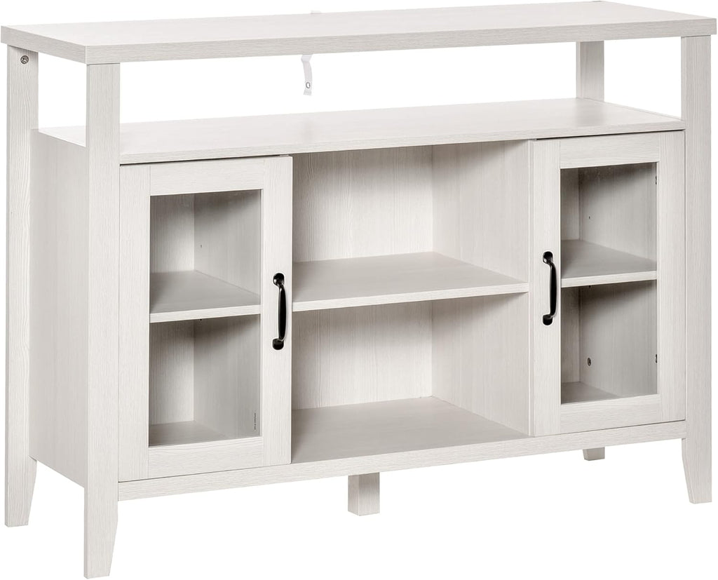 White Storage Sideboard with 3 Open Compartments and 2 Glass Door Cabinets A438