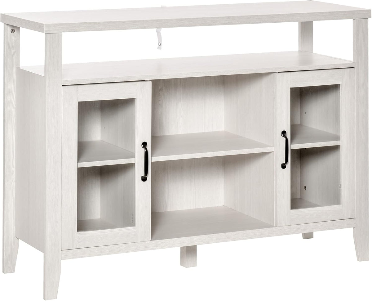 White Storage Sideboard with 3 Open Compartments and 2 Glass Door Cabinets A438