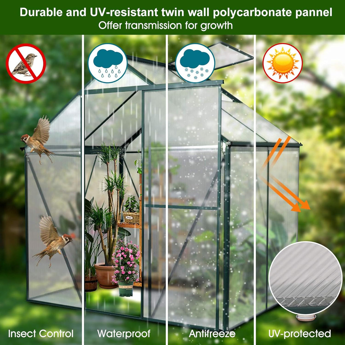 Polycarbonate Greenhouse with Sliding Door 8' x 6' N2338