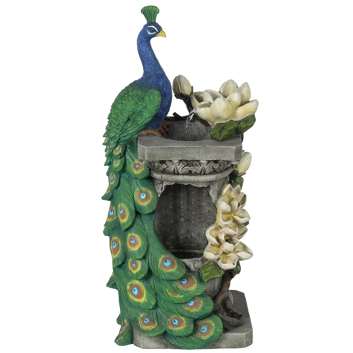 Blue and Green Resin Peacock Outdoor Fountain with LED Light L768646