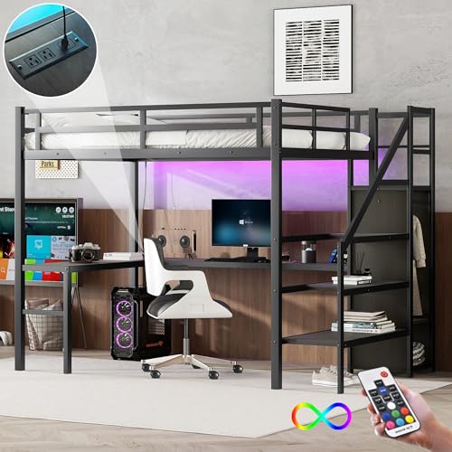 Full XL Size Black Metal Loft Bed with L-Shaped Desk and Stairs Z400612