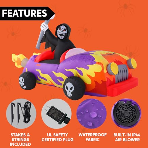 8ft Long Halloween Inflatable Grim Reaper Driving Car with Build-in LEDs H279023