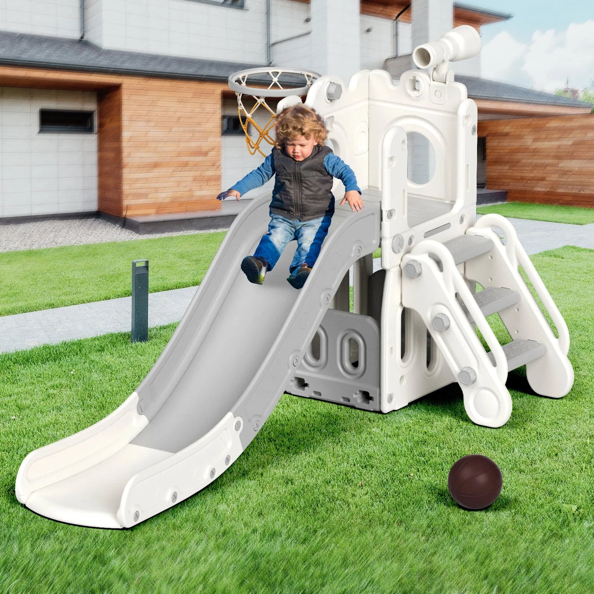 Blue Toddler Slide and Climber Set with Basketball Hoop O228