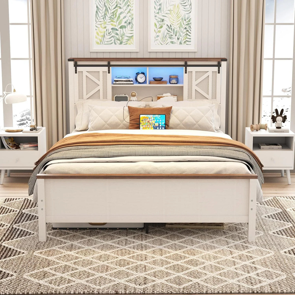 White Queen Size Metal Bed Frame with Headboard and Storage E227669