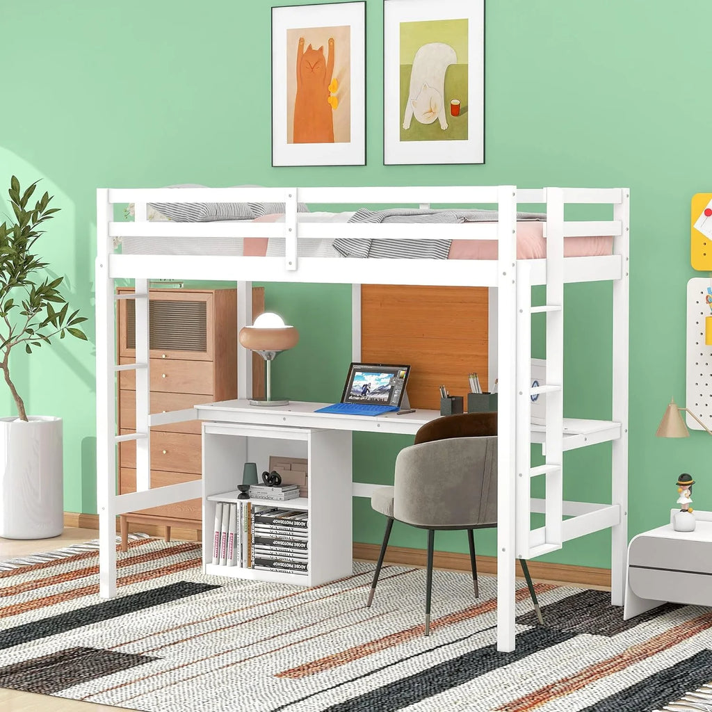 White Wood Loft Bed with Desk and Storage A41437