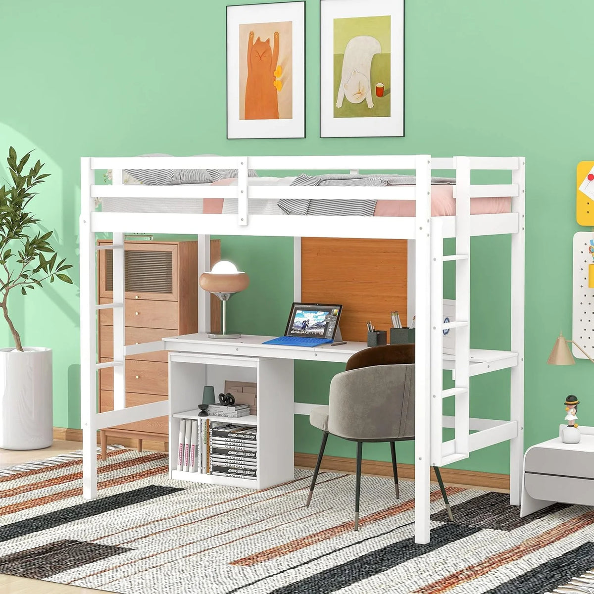 White Wood Loft Bed with Desk and Storage A41437