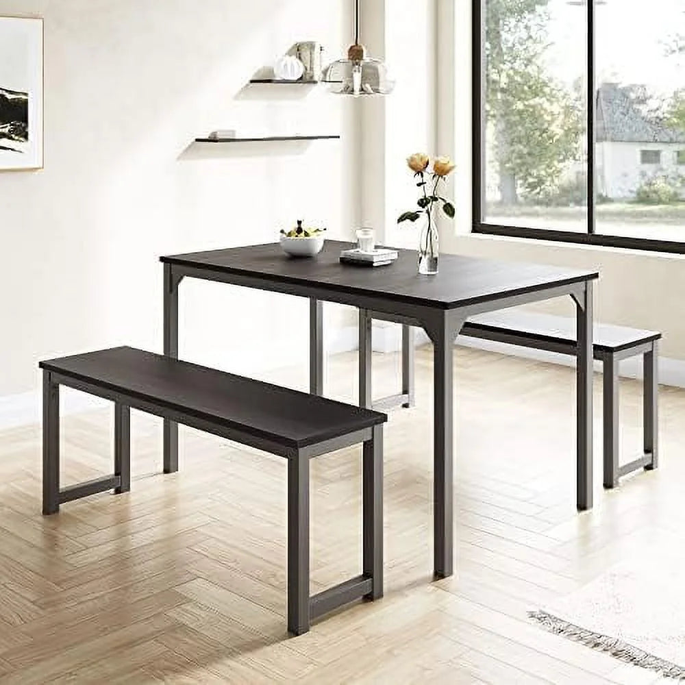 45" Dining Table Set for 4, 3-Pieces with Benches, Metal Frame and Wood Board, Brown L4600