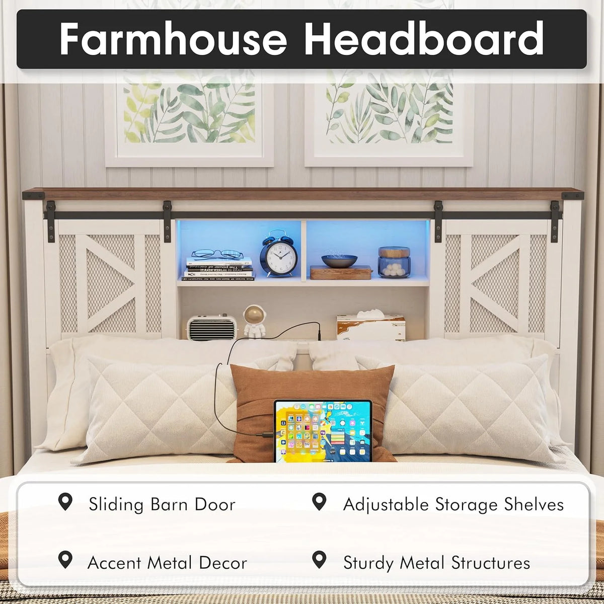 White Queen Size Metal Bed Frame with Headboard and Storage E227669