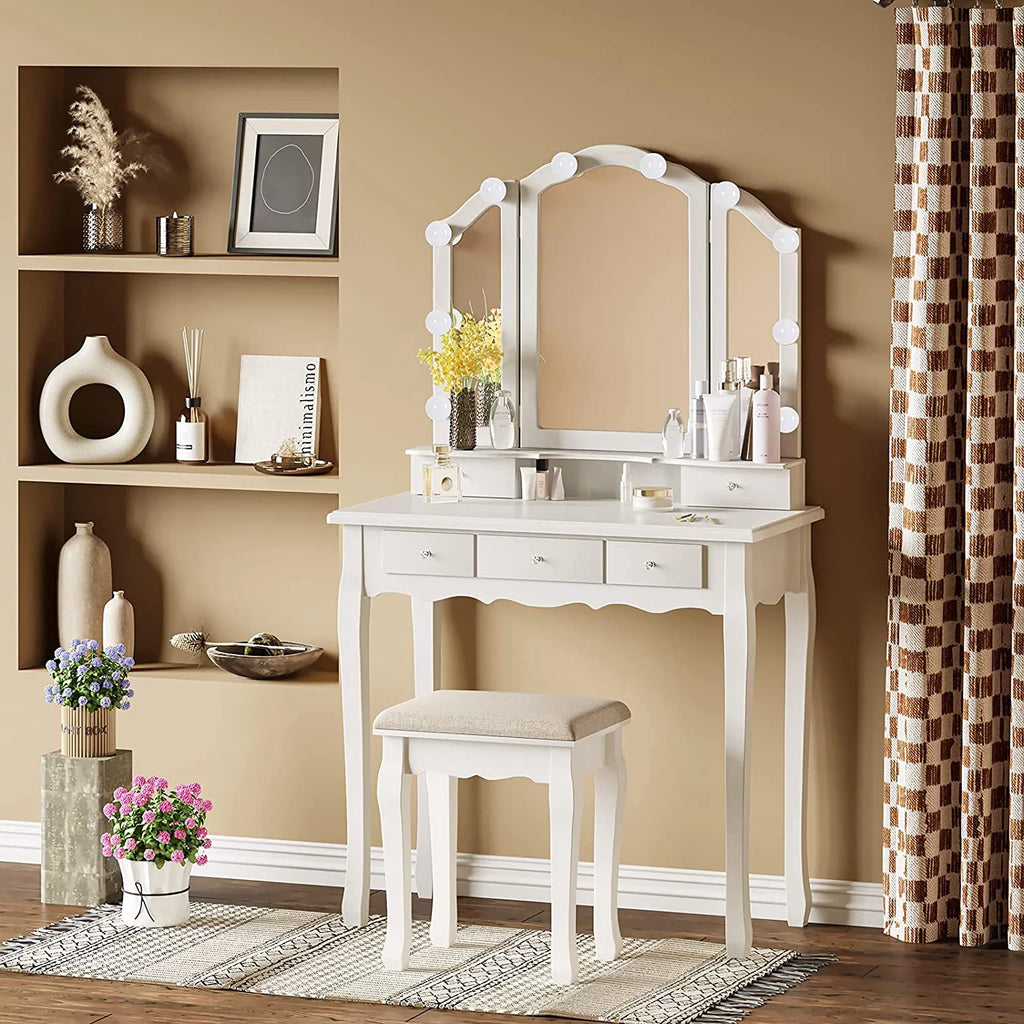White Vanity Table Set with Lighted Tri-Fold Mirror and Stool U822512