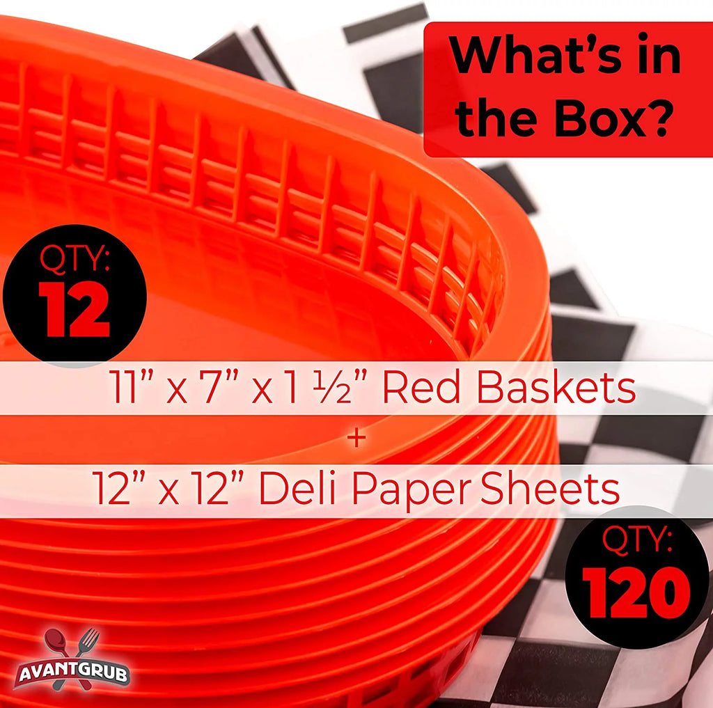 Red Fast Food Basket 12-Ct with Black Checkered Deli Paper 120-Ct Q127