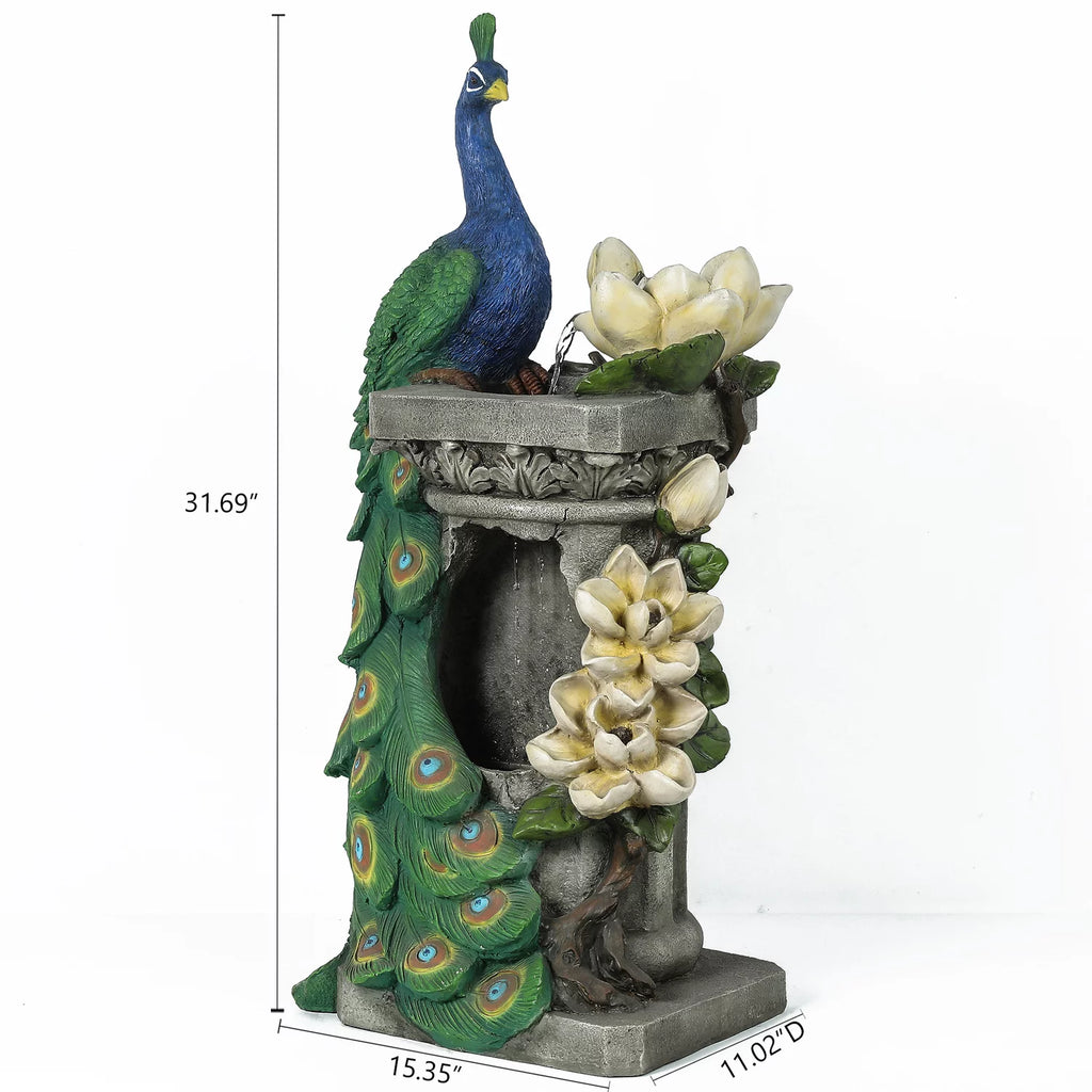 Blue and Green Resin Peacock Outdoor Fountain with LED Light L768646