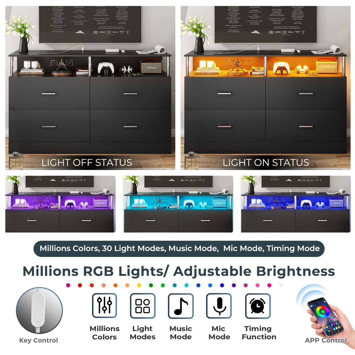 Black 6 Drawer Dresser with Charging Station and LED Light I969804
