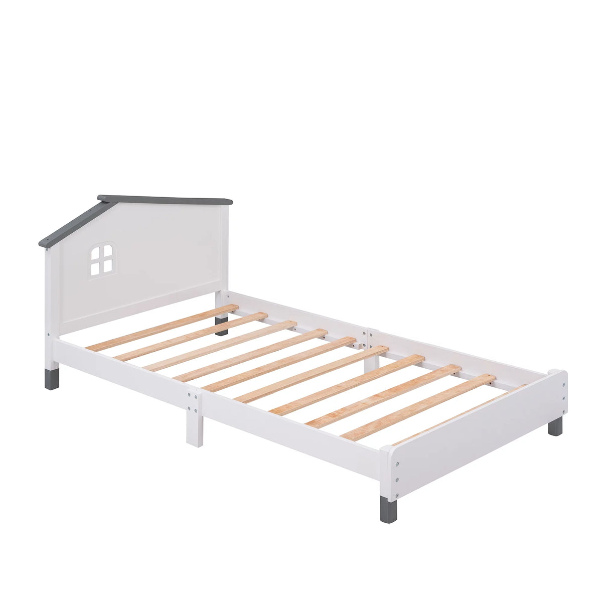 White Gray Twin Size Solid Wood Platform Bed with House-shaped Headboard A716216