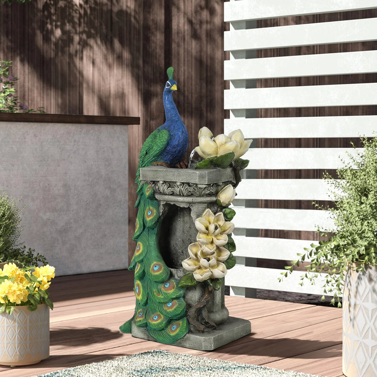 Blue and Green Resin Peacock Outdoor Fountain with LED Light L768646