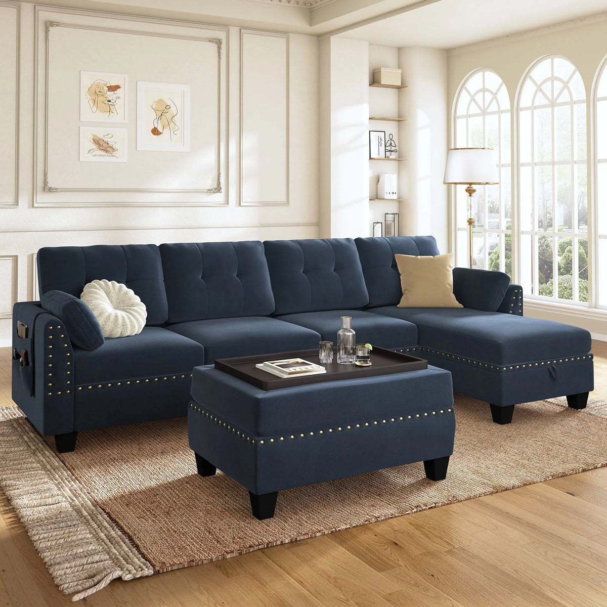 Velvet L-Shaped Sectional Sofa with Ottoman Y832791