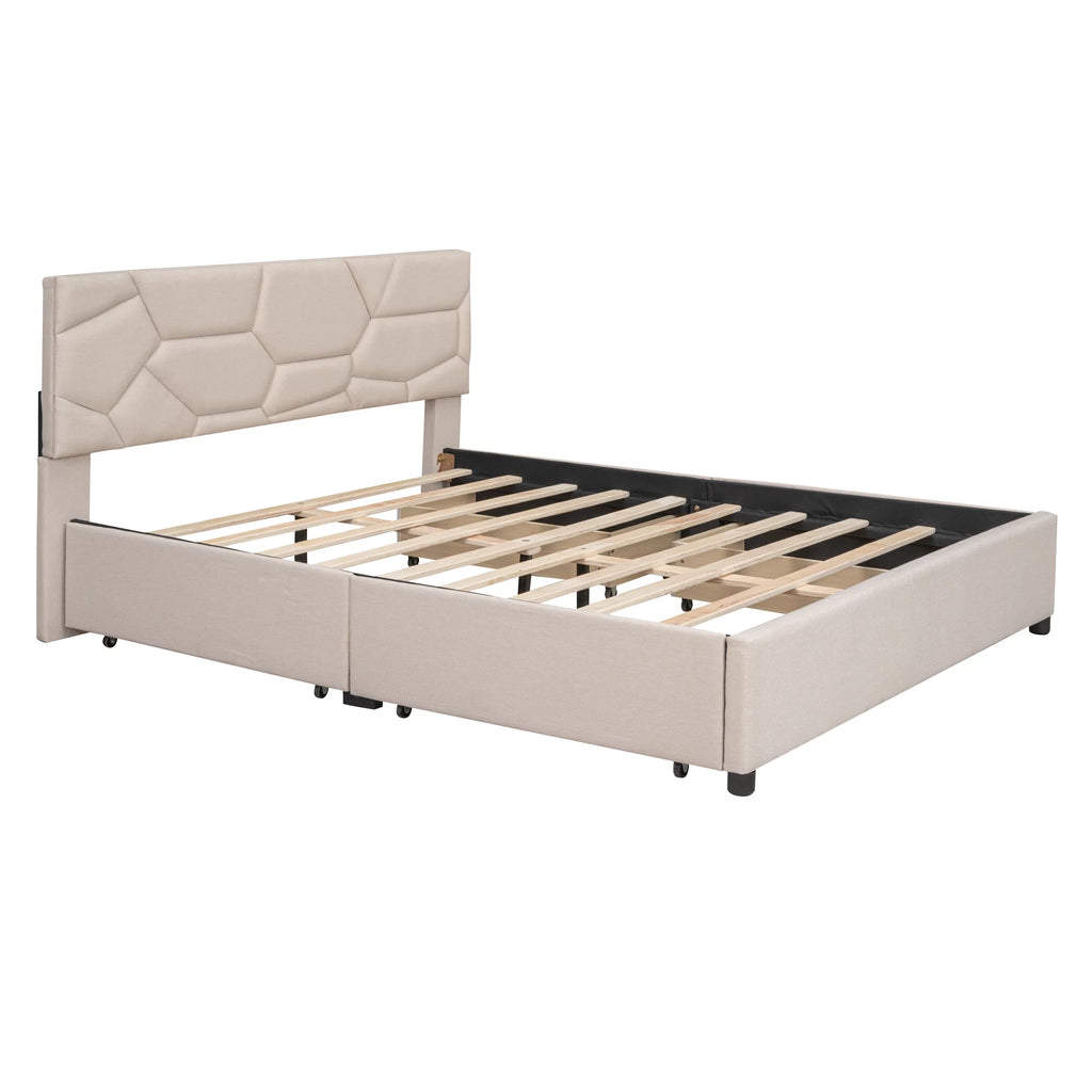 Beige Queen Linen Fabric Upholstered Storage Bed Frame with 4 Drawers R579