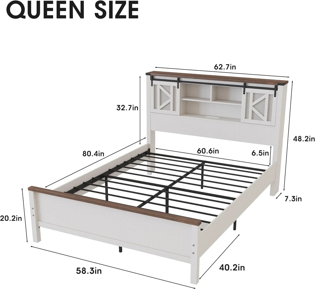 White Queen Size Metal Bed Frame with Headboard and Storage E227669