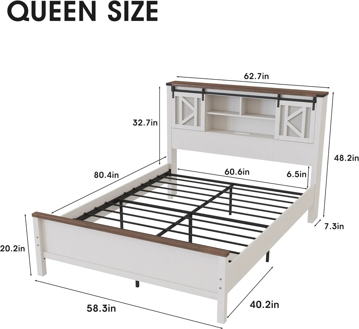 White Queen Size Metal Bed Frame with Headboard and Storage E227669