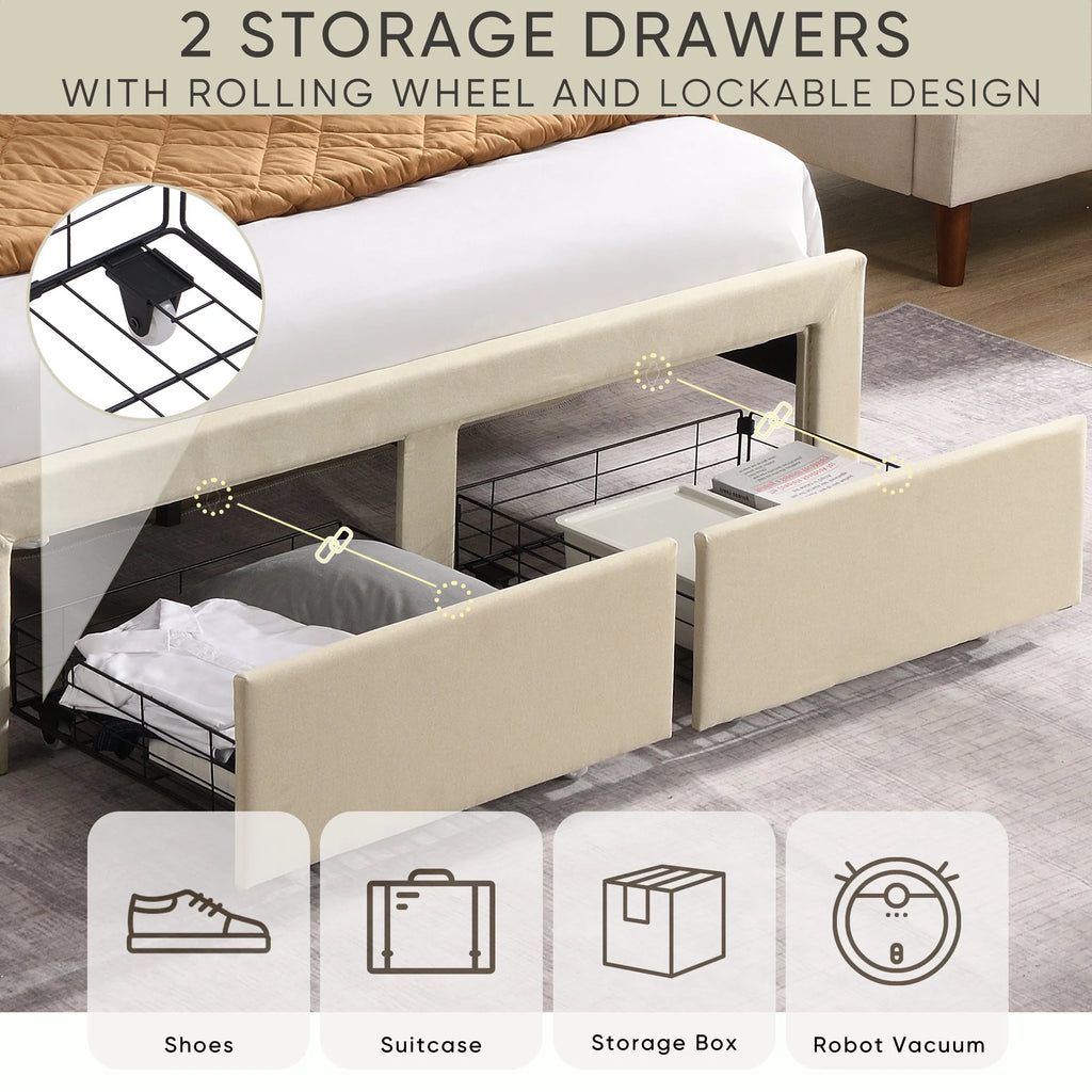 Beige Full Size Bed Frame with 2 Storage Drawers M3065