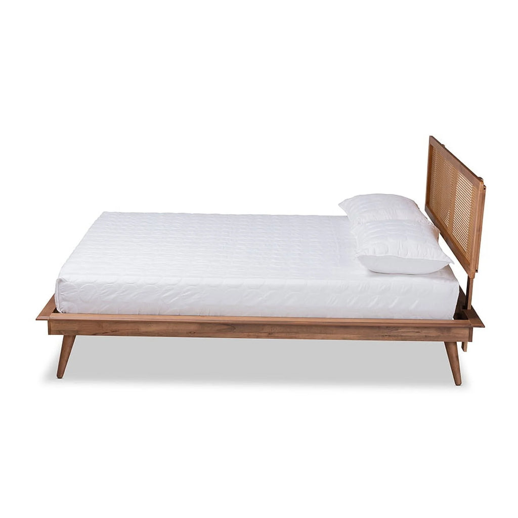 Walnut Brown Wood and Synthetic Rattan Full Size Platform Bed J326