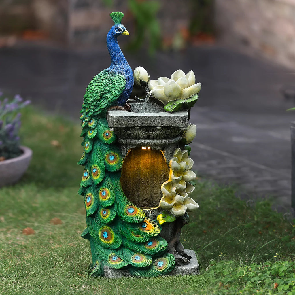Blue and Green Resin Peacock Outdoor Fountain with LED Light L768646