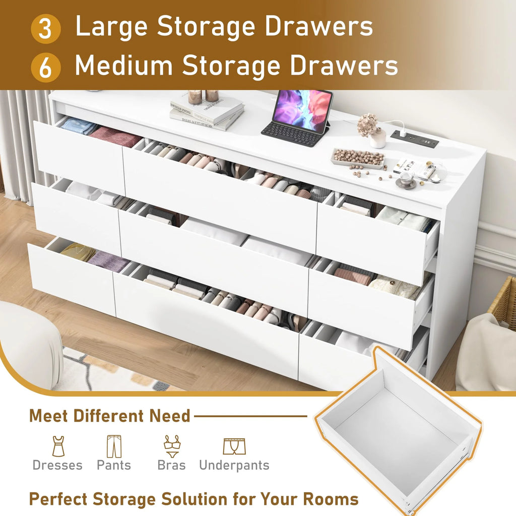 White 9 Drawer Wood Dresser with Charging Station G99946