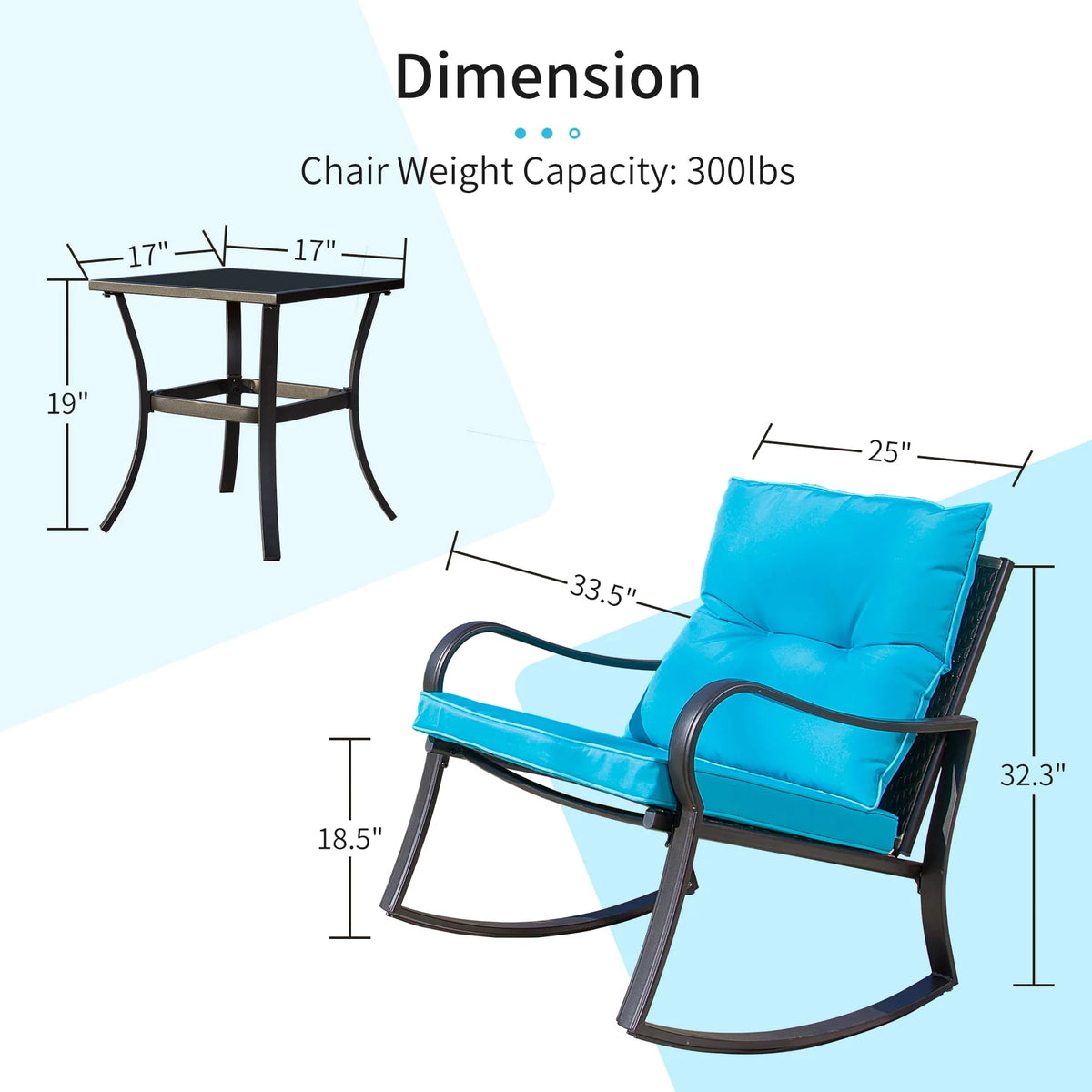 3 Pieces Bistro Set Rocking Chairs Cushion Glass Top Table Blue C70869