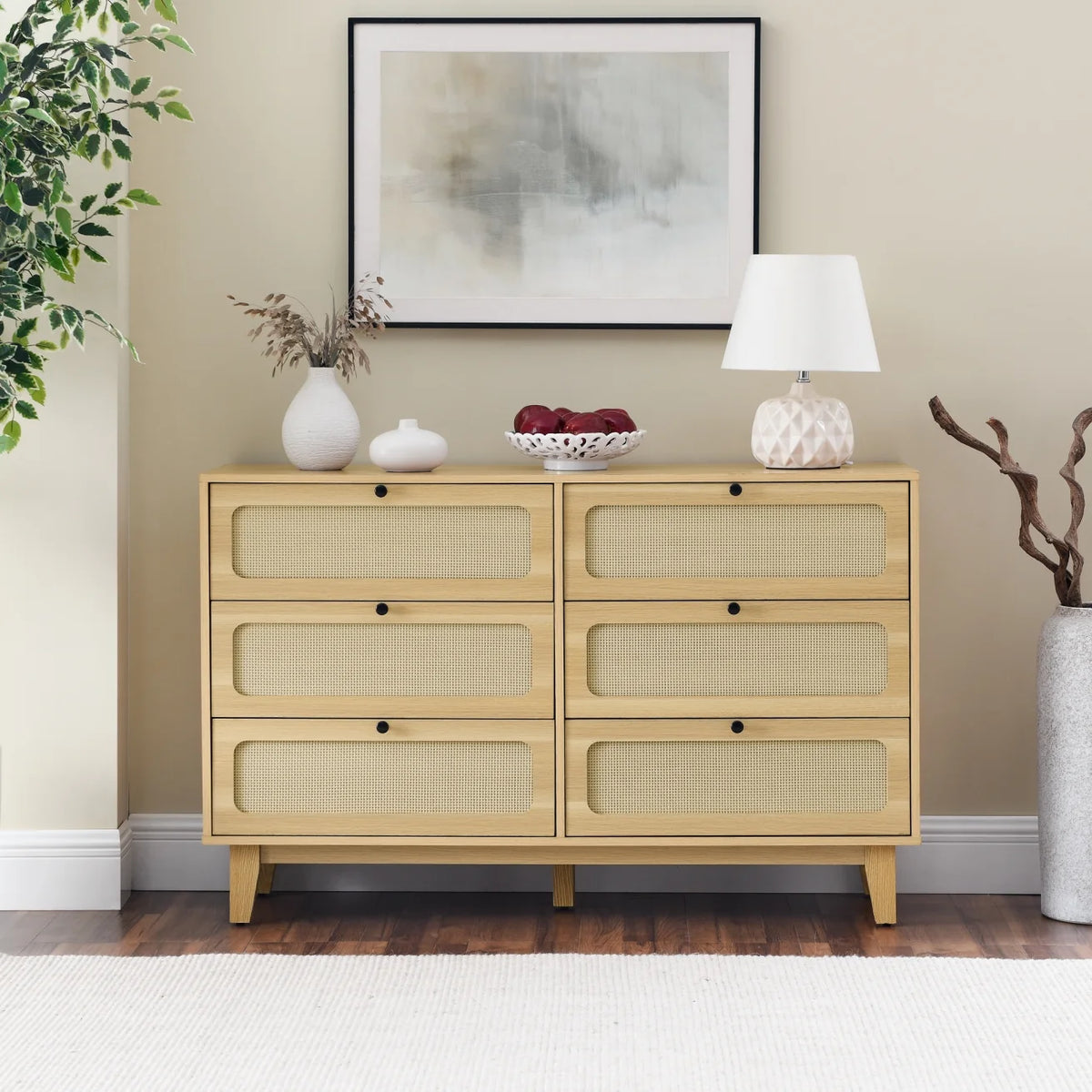 6 Drawer Wooden Dresser with Rattan Drawers M429872