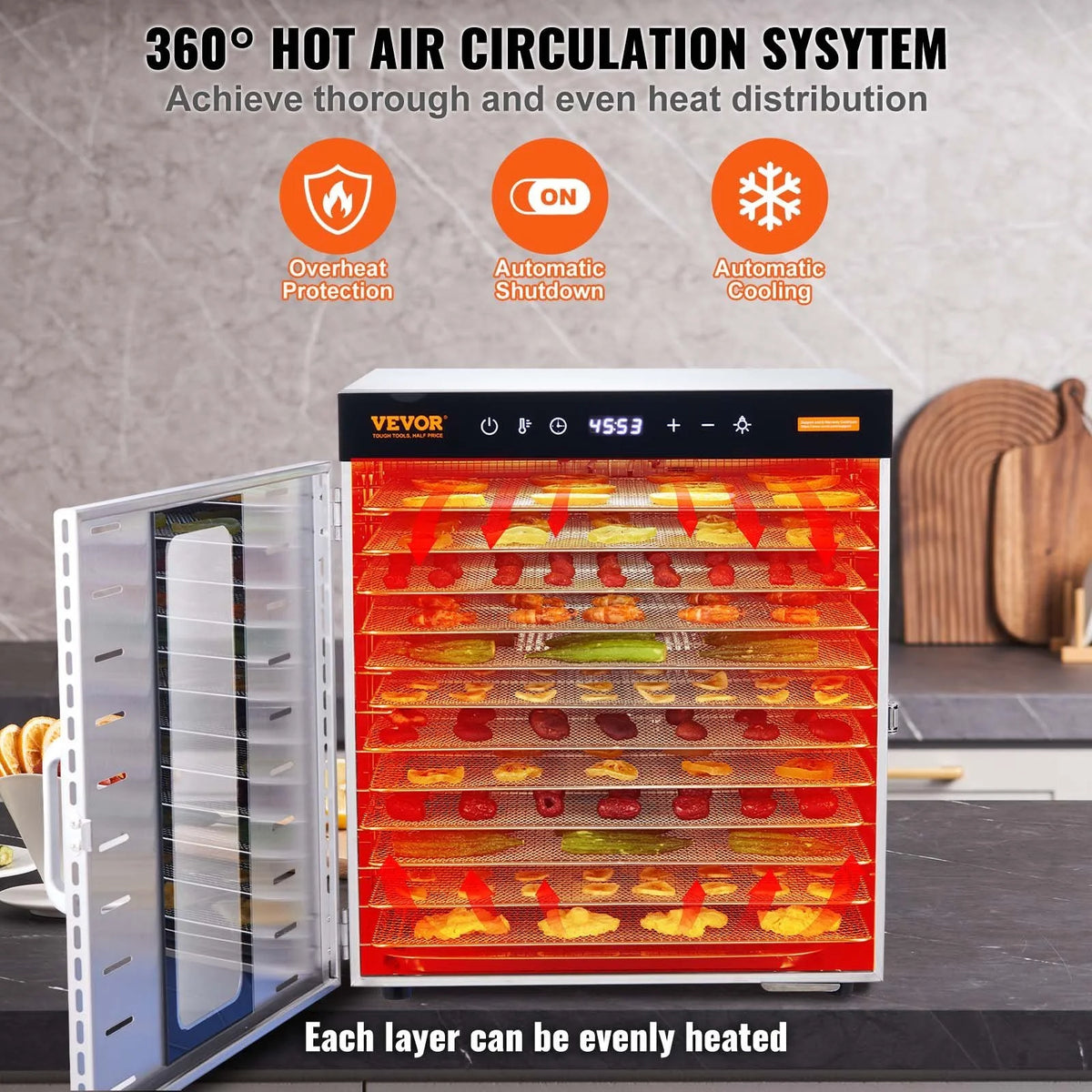 Food Dehydrator Machine, 10 Stainless Steel Trays, 1000W Electric Food Dryer R193323