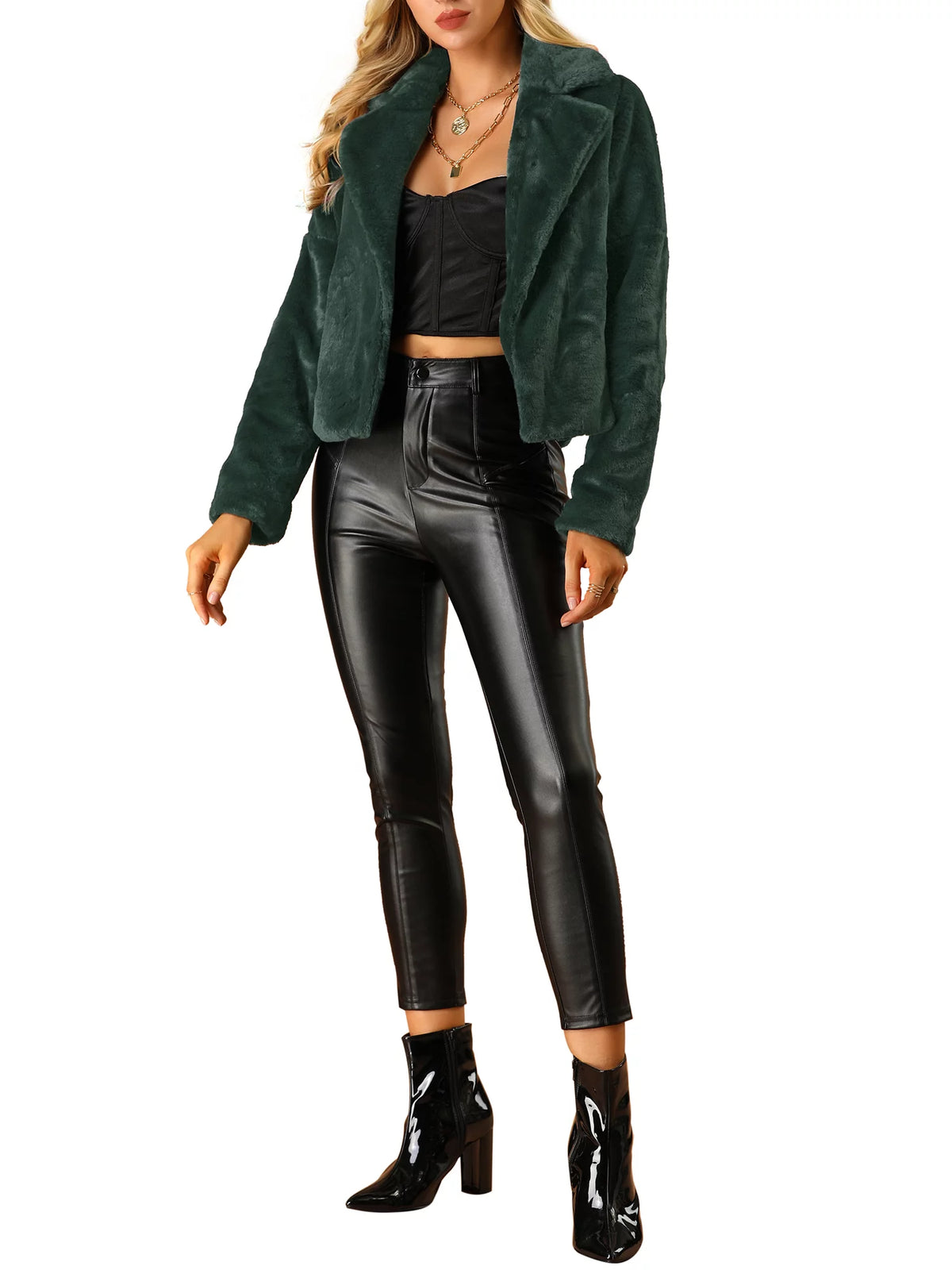 Loose Faux Fur Cropped Jacket Coat Dark Green F342446