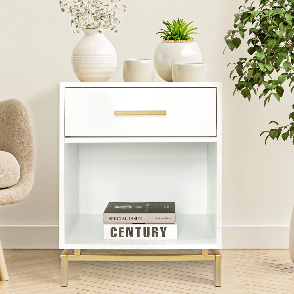 White Modern Rectangle 1-Drawer Wood Nightstand G4950