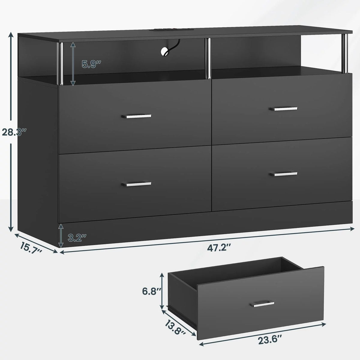 Black 6 Drawer Dresser with Charging Station and LED Light I969804